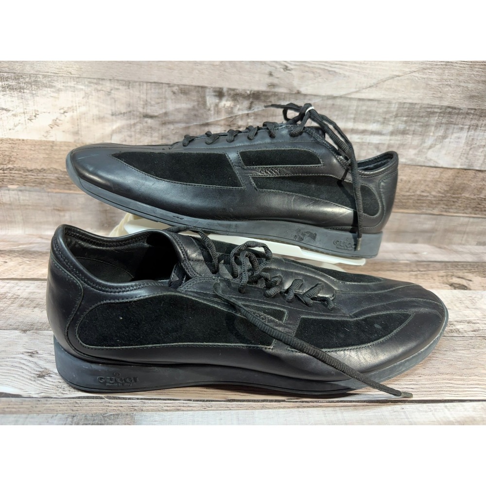 Gucci Leather Low Trainer Black Suede‎ Sneakers 111 6107 Size 9D Made in Italy